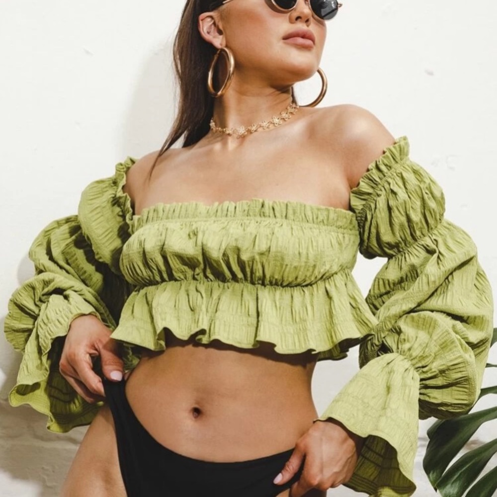 Green Crinkle Crop Top